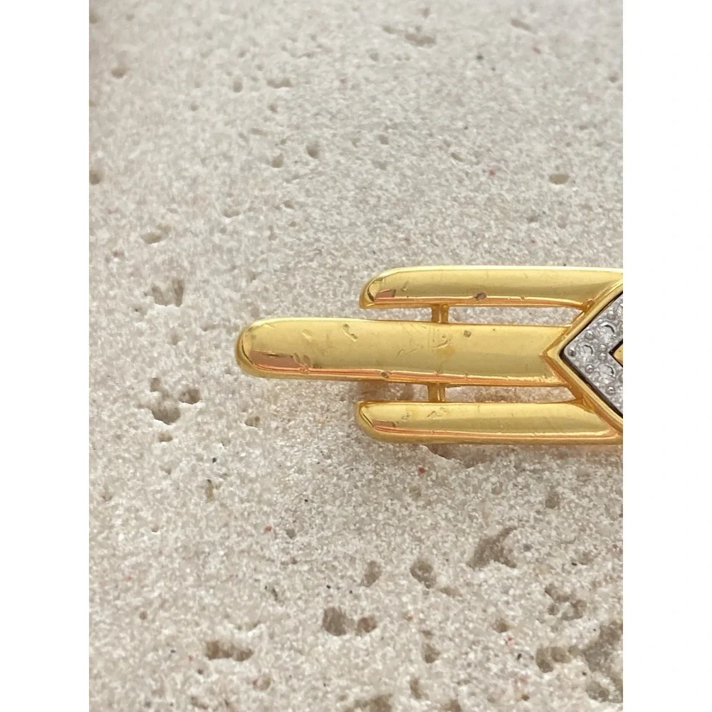 Monet Double Heart Brooch Gold‎ Tone Rhinestone Bar Pin Signed Art Deco Style